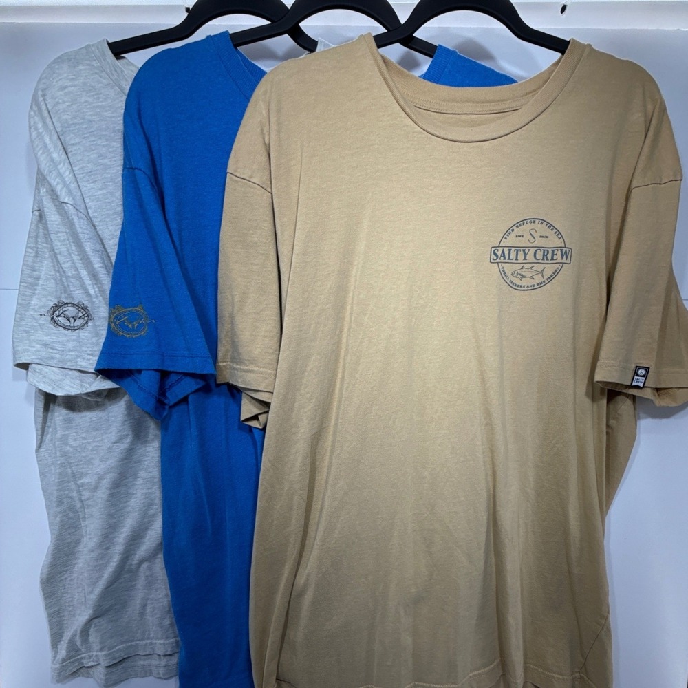 Salty Crew Mens Graphic T-Shirt Bundle Size XL Tan Gray Blue Fishing Shark Tuna